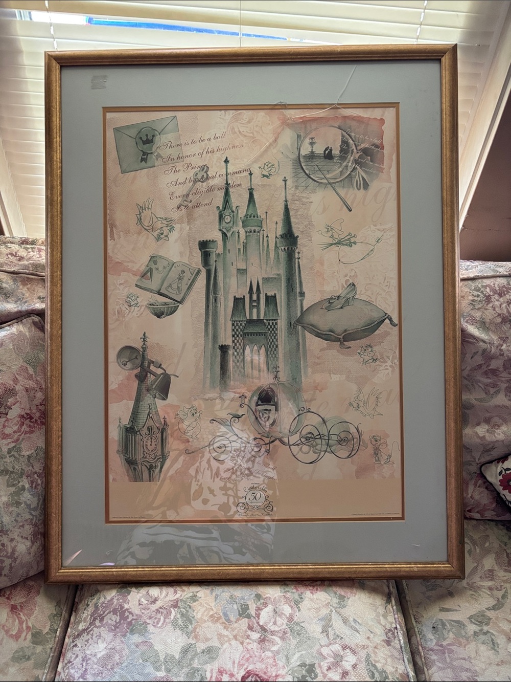 Disney Castle Art Poster in Green, Peach, Gold